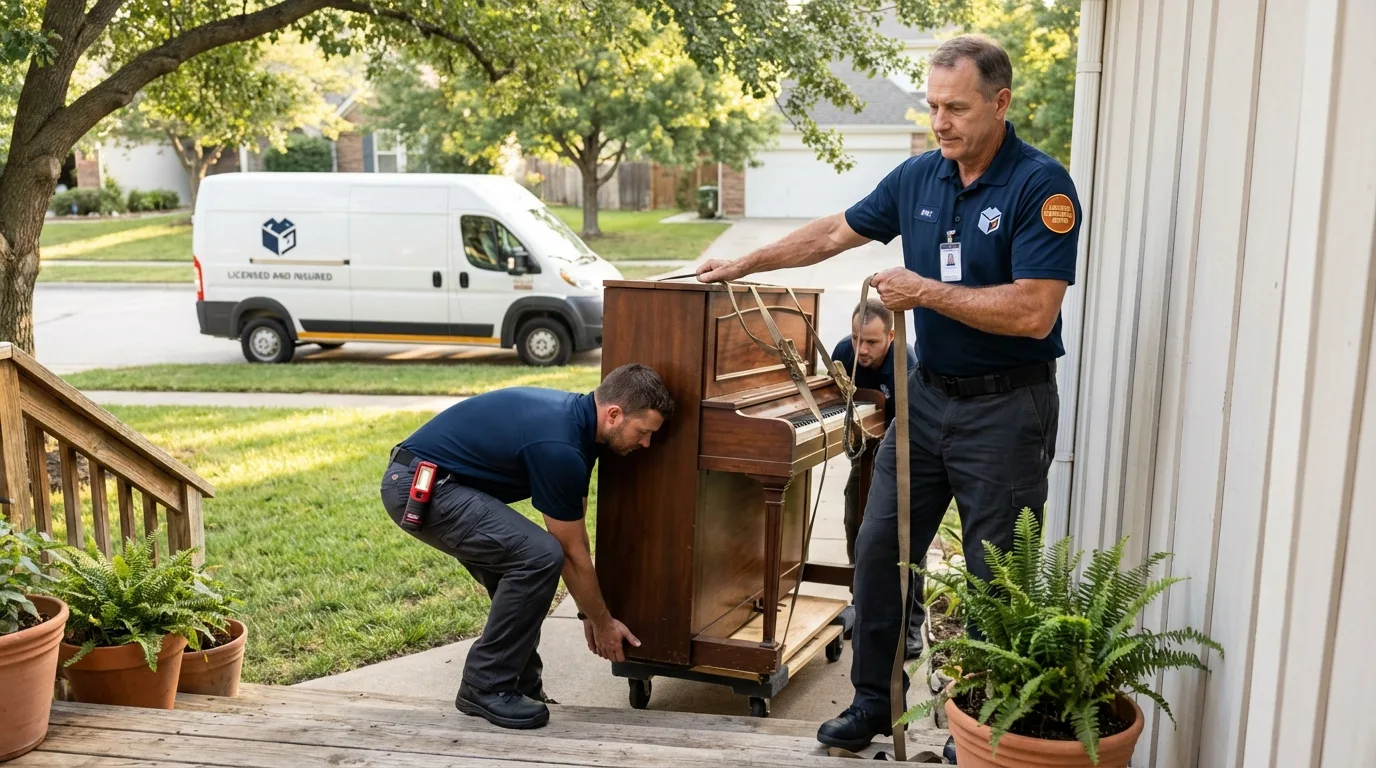 Licensed piano movers securing grand piano in Fryeburg, ME