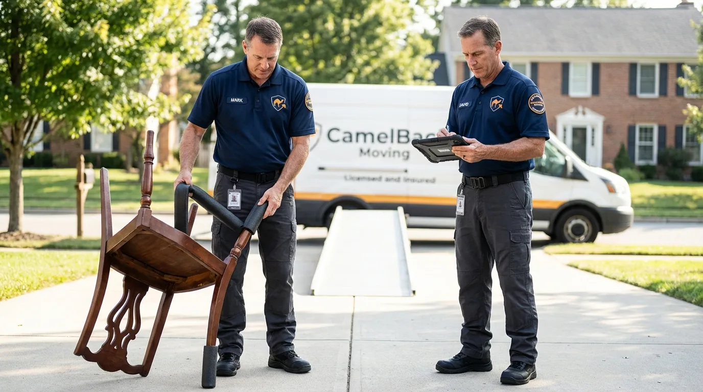 Movers inspecting furniture for damage prevention before loading in Fryeburg, ME
