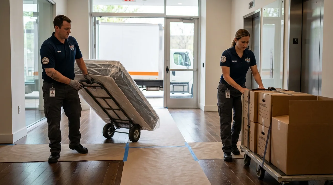 Professional apartment movers loading elevator in Fryeburg, ME