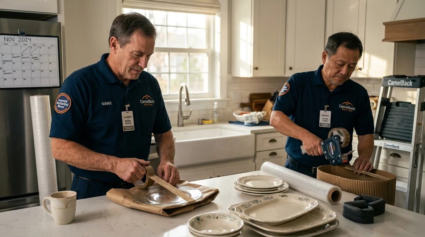 Professional crew packing kitchen dishware in Fryeburg, ME
